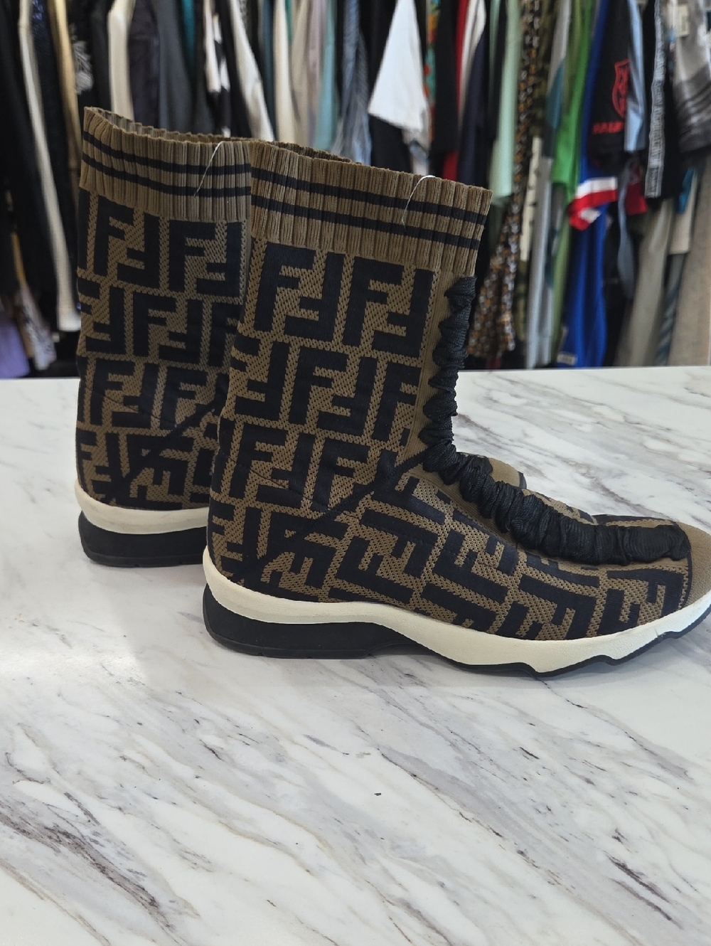 Fendi Brown & Black FF Jacquard Knit Boot Sneakers